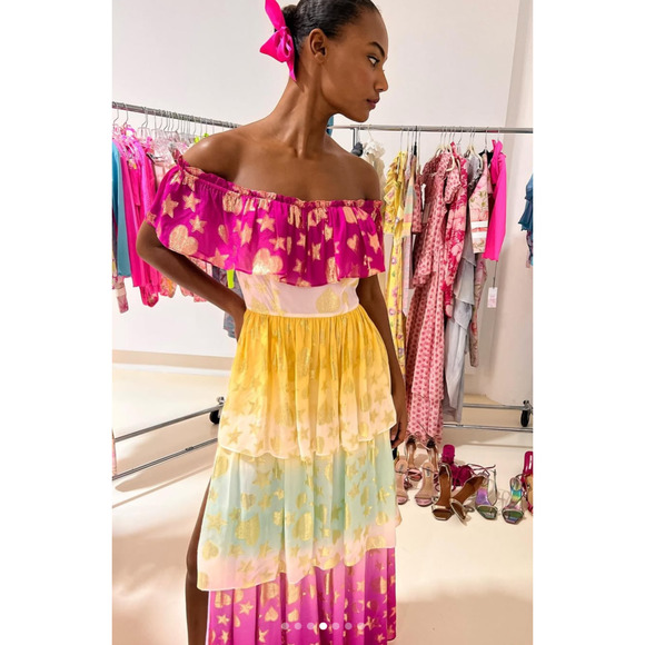 LoveShackFancy Multicolor Metallic Tiered Maxi Dress Pink Gold Stars NWT Size 4 - Picture 3 of 8